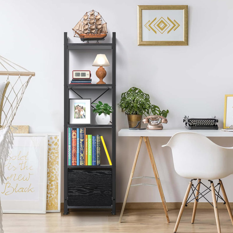 Narrow Bookshelf With Storage Drawer 5 Tier Small Standing Book Shelf Organizer For Small Space Tall Thin Bookcase Shelf For Bedroom Living Room